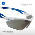 white/blue, Blue Mirror Anti-Fog | three-quarter angle showing protective features | Wrap-Around Safety Glasses — GE PPE 10 Series, Anti-Fog, ANSI Z87.1 | GE110BAF