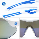 white/blue, Blue Mirror Anti-Fog | top view with accessory tools included | Wrap-Around Safety Glasses — GE PPE 10 Series, Anti-Fog, ANSI Z87.1 | GE110BAF