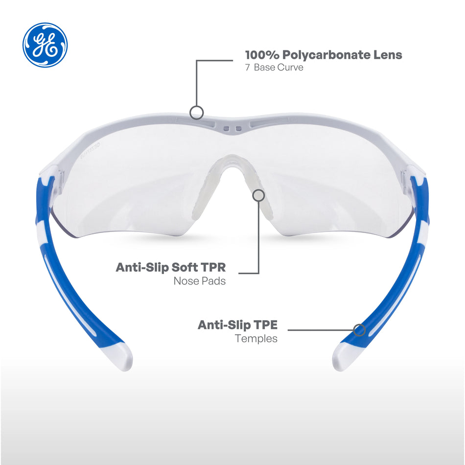 white/blue, Clear Anti-Fog | ANSI Z87.1 Anti-Fog Lenses | Wrap-Around Safety Glasses — GE PPE 10 Series, Anti-Fog, ANSI Z87.1 | GE110CAF