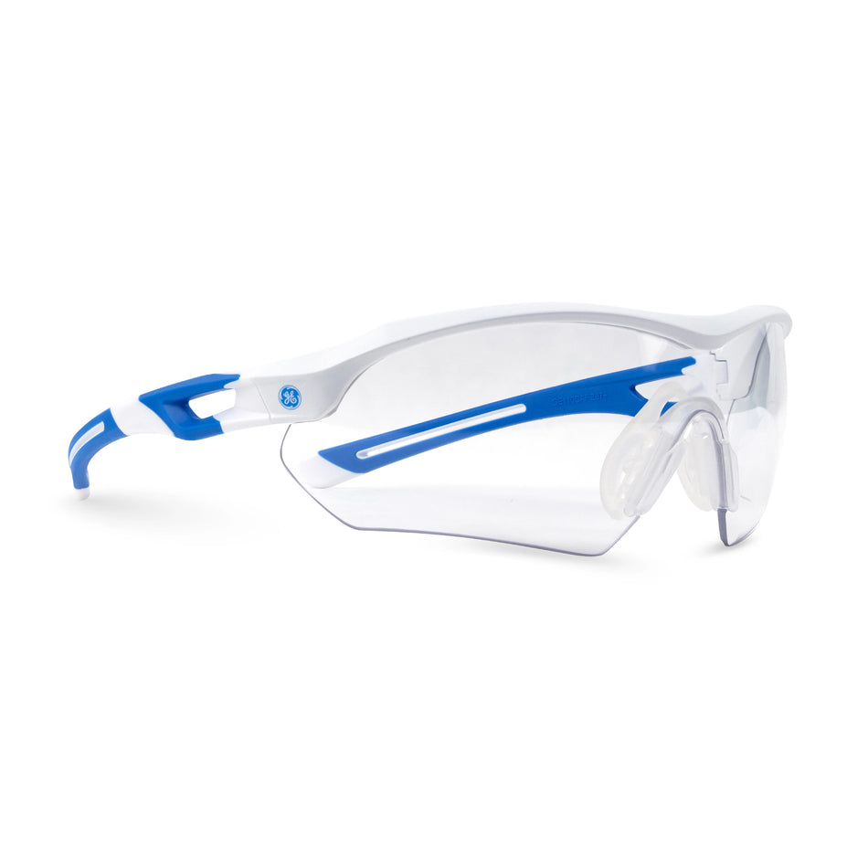 white/blue, Clear Anti-Fog | ANSI Z87.1 Anti-Fog Lenses | Wrap-Around Safety Glasses — GE PPE 10 Series, Anti-Fog, ANSI Z87.1 | GE110CAF