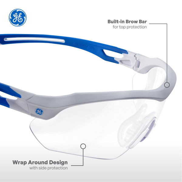 white/blue, Clear Anti-Fog | ANSI Z87.1 Anti-Fog Lenses | Wrap-Around Safety Glasses — GE PPE 10 Series, Anti-Fog, ANSI Z87.1 | GE110CAF