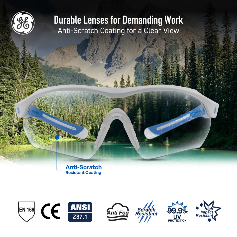 white/blue, Clear Anti-Fog | Wrap-Around Safety Glasses — GE PPE 10 Series, Anti-Fog, ANSI Z87.1 | GE110CAF