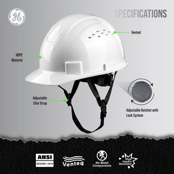 white | front angle view with specifications labeled | Vented Cap Style Hard Hat — GE PPE GH326, ANSI Z89.1-2014 Type 1 Class C | GH326W