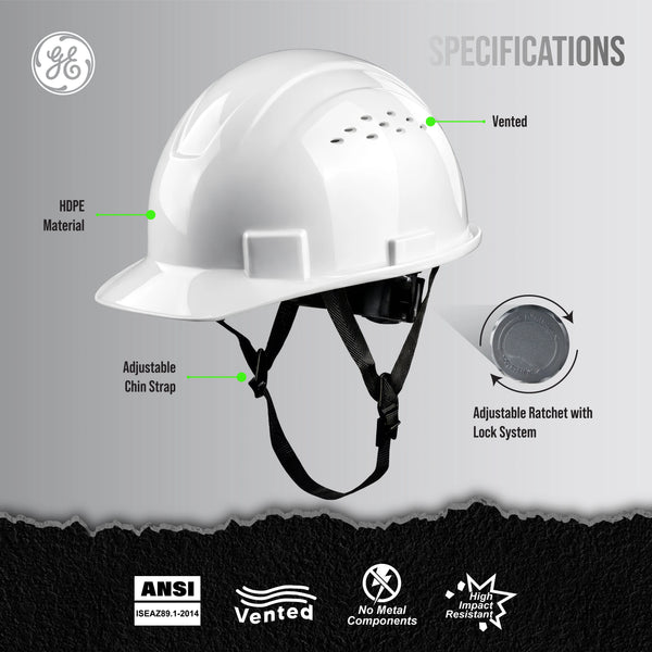 white | front angle view with specifications labeled | Vented Cap Style Hard Hat — GE PPE GH326, ANSI Z89.1-2014 Type 1 Class C | GH326W