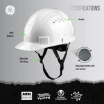 white | front angle view with specifications labeled | Vented Cap Style Hard Hat — GE PPE GH326, ANSI Z89.1-2014 Type 1 Class C | GH326W