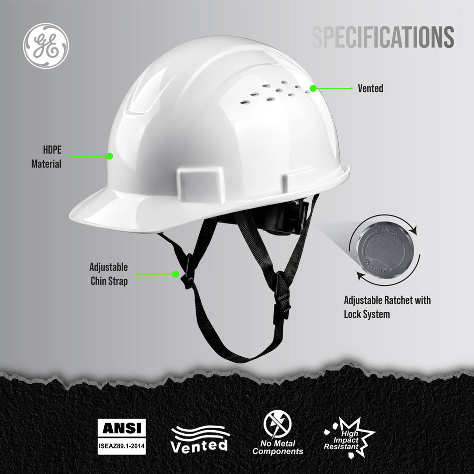 white | front angle view with specifications labeled | Vented Cap Style Hard Hat — GE PPE GH326, ANSI Z89.1-2014 Type 1 Class C | GH326W