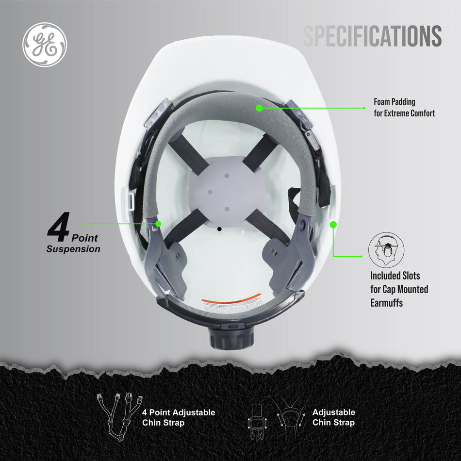 white | interior view with suspension system labeled | Vented Cap Style Hard Hat — GE PPE GH326, ANSI Z89.1-2014 Type 1 Class C | GH326W