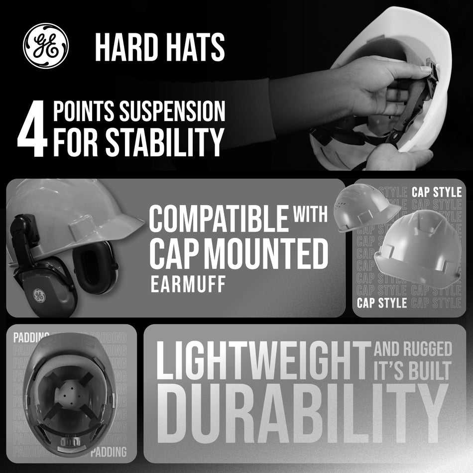 white | product features and fit details overhead view | Vented Cap Style Hard Hat — GE PPE GH326, ANSI Z89.1-2014 Type 1 Class C | GH326W