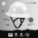 white | front view showing specifications and features | Full Brim Hard Hat — GE PPE GH329, ANSI Z89.1-2014 Type 1 Class E Dielectric | GH329W