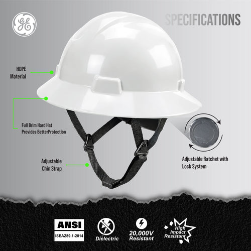 Full Brim Hard Hat — GE PPE GH329, ANSI Z89.1-2014 Type 1 Class E Dielectric