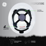 white | interior top-down view with specifications labeled | Full Brim Hard Hat — GE PPE GH329, ANSI Z89.1-2014 Type 1 Class E Dielectric | GH329W