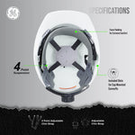 white | interior top-down view with specifications labeled | Cap Style Hard Hat — GE PPE GH327, ANSI Z89.1-2014 Type 1 Class E Dielectric | GH327W