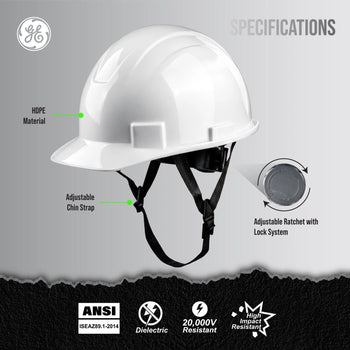 white | angled side view with specification callouts | Cap Style Hard Hat — GE PPE GH327, ANSI Z89.1-2014 Type 1 Class E Dielectric | GH327W