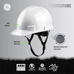 white | angled side view with specification callouts | Cap Style Hard Hat — GE PPE GH327, ANSI Z89.1-2014 Type 1 Class E Dielectric | GH327W
