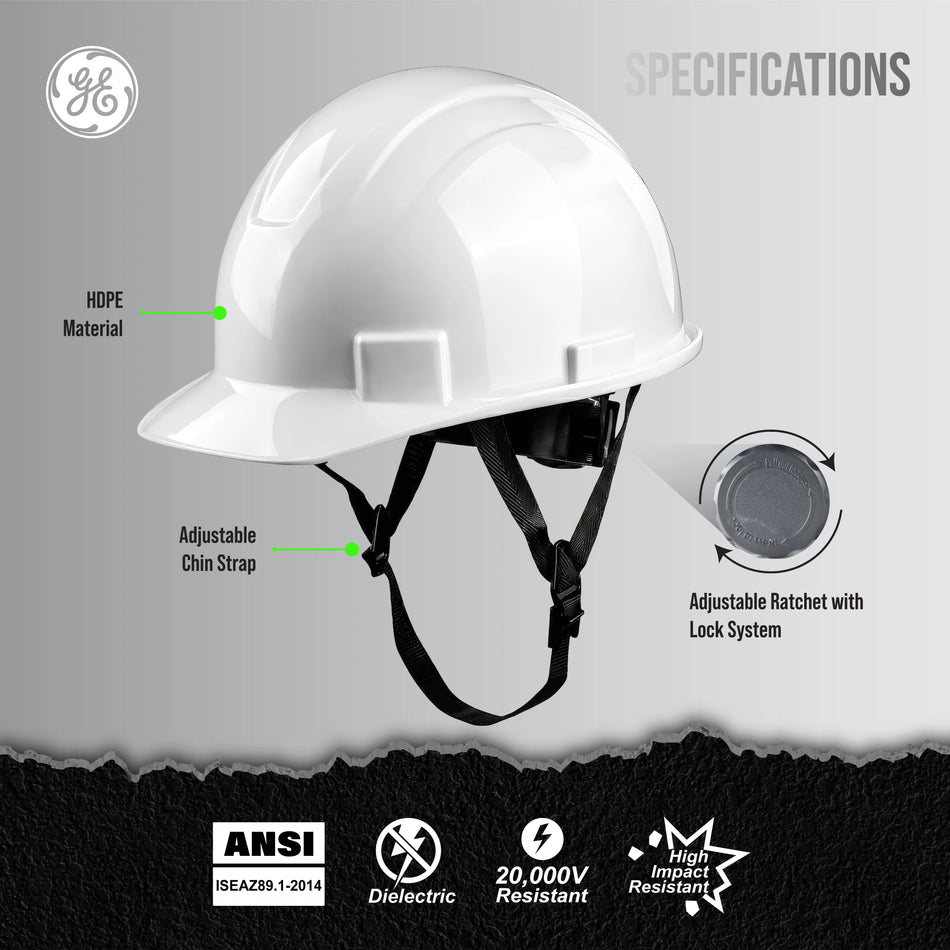 white | angled side view with specification callouts | Cap Style Hard Hat — GE PPE GH327, ANSI Z89.1-2014 Type 1 Class E Dielectric | GH327W