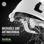 white, Non-Vented | close-up interior padding splashing water | Non-Vented Type 1 Safety Helmet with Koroyd — GE PPE GH401, ANSI Z89.1-2014 Class E | GH401W