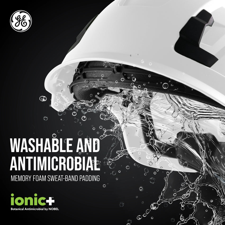 white, Non-Vented | close-up interior padding splashing water | Non-Vented Type 1 Safety Helmet with Koroyd — GE PPE GH401, ANSI Z89.1-2014 Class E | GH401W