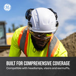 white, Non-Vented | worker wearing helmet on construction site | Non-Vented Type 1 Safety Helmet with Koroyd — GE PPE GH401, ANSI Z89.1-2014 Class E | GH401W