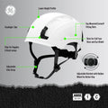 white, Non-Vented | labeled diagram showing helmet features side view | Non-Vented Type 1 Safety Helmet with Koroyd — GE PPE GH401, ANSI Z89.1-2014 Class E | GH401W