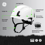 white, Non-Vented | labeled diagram showing helmet features side view | Non-Vented Type 1 Safety Helmet with Koroyd — GE PPE GH401, ANSI Z89.1-2014 Class E | GH401W