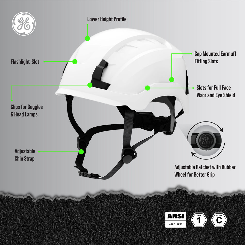 white, Non-Vented | labeled diagram showing helmet features side view | Non-Vented Type 1 Safety Helmet with Koroyd — GE PPE GH401, ANSI Z89.1-2014 Class E | GH401W