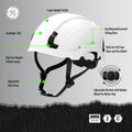 white, Non-Vented | side view with labeled features callouts | Non-Vented Type 2 Safety Helmet with Koroyd — GE PPE GH501, ANSI Z89.1-2014 Class E & G | GH501W