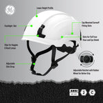 white, Non-Vented | side view with labeled features callouts | Non-Vented Type 2 Safety Helmet with Koroyd — GE PPE GH501, ANSI Z89.1-2014 Class E & G | GH501W