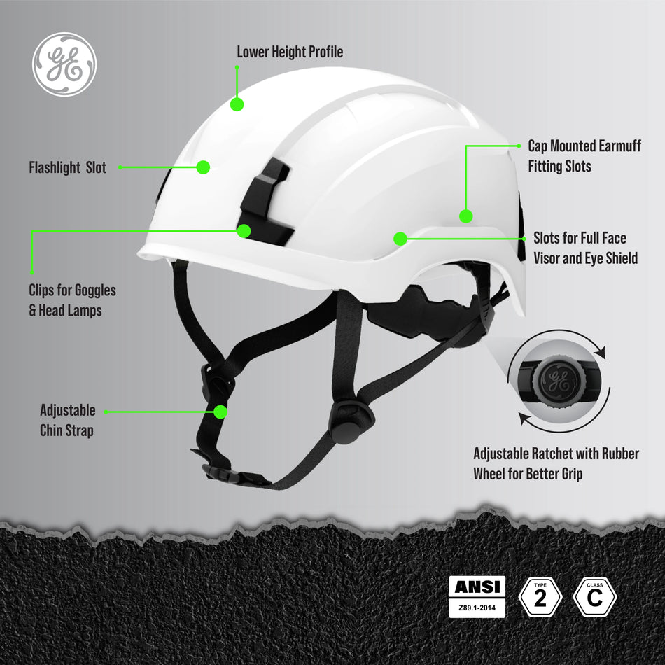 white, Non-Vented | side view with labeled features callouts | Non-Vented Type 2 Safety Helmet with Koroyd — GE PPE GH501, ANSI Z89.1-2014 Class E & G | GH501W