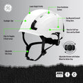 white, Vented | labeled product features and specifications diagram | Vented Type 1 Safety Helmet with Koroyd — GE PPE GH400, ANSI Z89.1-2014 Class C | GH400W