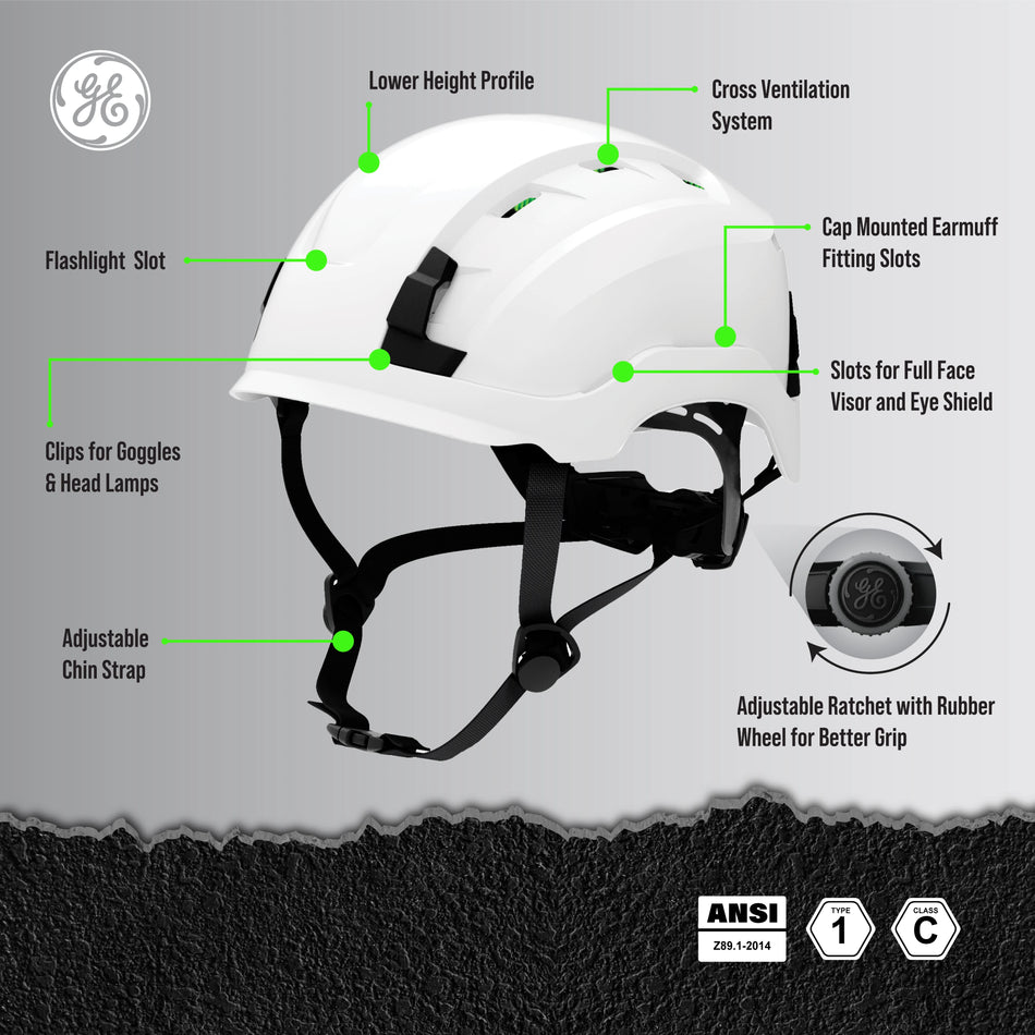 white, Vented | labeled product features and specifications diagram | Vented Type 1 Safety Helmet with Koroyd — GE PPE GH400, ANSI Z89.1-2014 Class C | GH400W