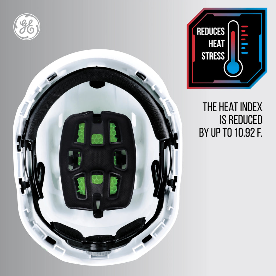 white, Vented | top-down view showing ventilation channels | Vented Type 1 Safety Helmet with Koroyd — GE PPE GH400, ANSI Z89.1-2014 Class C | GH400W