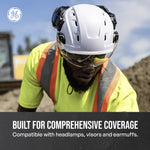 white, Vented | model wearing helmet on construction site | Vented Type 1 Safety Helmet with Koroyd — GE PPE GH400, ANSI Z89.1-2014 Class C | GH400W