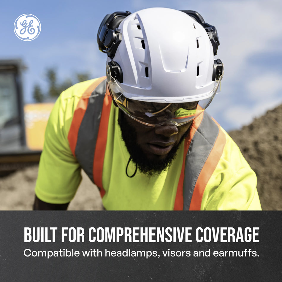 white, Vented | model wearing helmet on construction site | Vented Type 1 Safety Helmet with Koroyd — GE PPE GH400, ANSI Z89.1-2014 Class C | GH400W