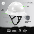 white | front view with specifications labeled | Vented Full Brim Hard Hat — GE PPE GH328, ANSI Z89.1-2014 Type 1 Class C | GH328W