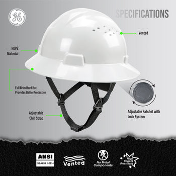white | front view with specifications labeled | Vented Full Brim Hard Hat — GE PPE GH328, ANSI Z89.1-2014 Type 1 Class C | GH328W