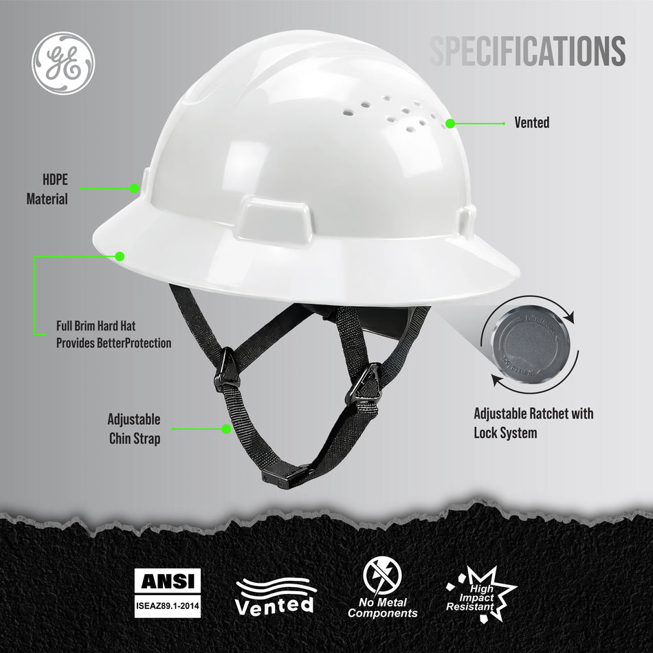white | front view with specifications labeled | Vented Full Brim Hard Hat — GE PPE GH328, ANSI Z89.1-2014 Type 1 Class C | GH328W