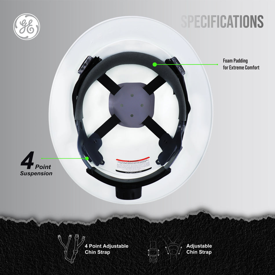 white | interior view with suspension system highlighted | Vented Full Brim Hard Hat — GE PPE GH328, ANSI Z89.1-2014 Type 1 Class C | GH328W