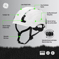 white, Vented | labeled product features annotated diagram | Vented Type 2 Safety Helmet with Koroyd — GE PPE GH500, ANSI Z89.1 Class C | GH500W