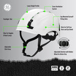 white, Vented | labeled product features annotated diagram | Vented Type 2 Safety Helmet with Koroyd — GE PPE GH500, ANSI Z89.1 Class C | GH500W