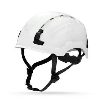 white, Vented | side profile showing features and specifications | Vented Type 2 Safety Helmet with Koroyd — GE PPE GH500, ANSI Z89.1 Class C | GH500W