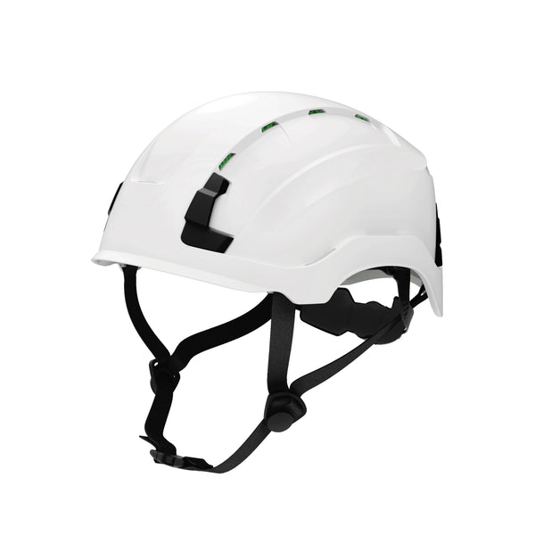white, Vented | side profile showing features and specifications | Vented Type 2 Safety Helmet with Koroyd — GE PPE GH500, ANSI Z89.1 Class C | GH500W