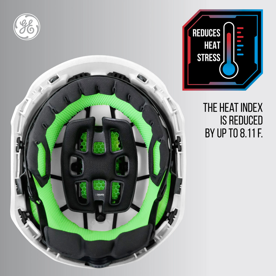 white, Vented | top-down interior view showing ventilation | Vented Type 2 Safety Helmet with Koroyd — GE PPE GH500, ANSI Z89.1 Class C | GH500W