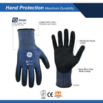 xl, 1 Pack | front and back view with features labeled | Micro Foam Nitrile Dipped Cut Level 4 Gloves — GE PPE GG224, Cut Resistant | GG224XLC