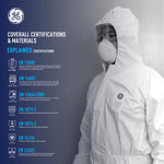 xl | model wearing hooded protective suit side view | Microporous Disposable Coverall Type 5/6 — GE PPE GW903, EN ISO 13982-1 & 13034, Hood & Boots | GW903XL