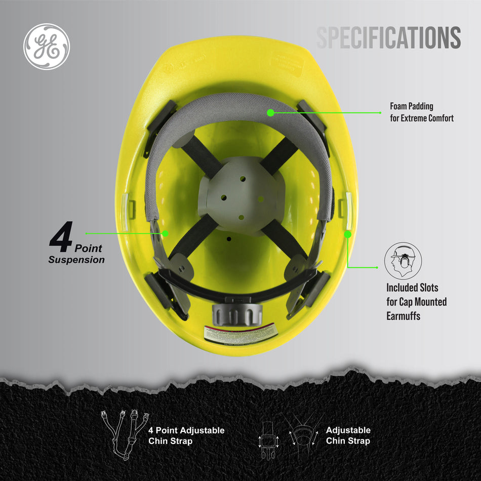 yellow | GH326Y vented cap style hard hat with chin strap | Vented Cap Style Hard Hat — GE PPE GH326, ANSI Z89.1-2014 Type 1 Class C | GH326Y