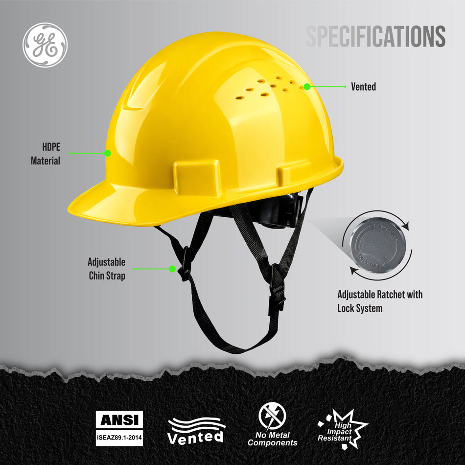yellow | GH326Y vented cap style hard hat with chin strap | Vented Cap Style Hard Hat — GE PPE GH326, ANSI Z89.1-2014 Type 1 Class C | GH326Y