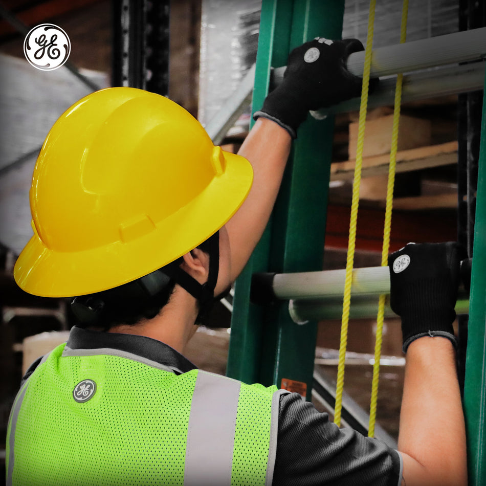yellow | worker wearing hard hat on site | Full Brim Hard Hat — GE PPE GH329, ANSI Z89.1-2014 Type 1 Class E Dielectric | GH329Y
