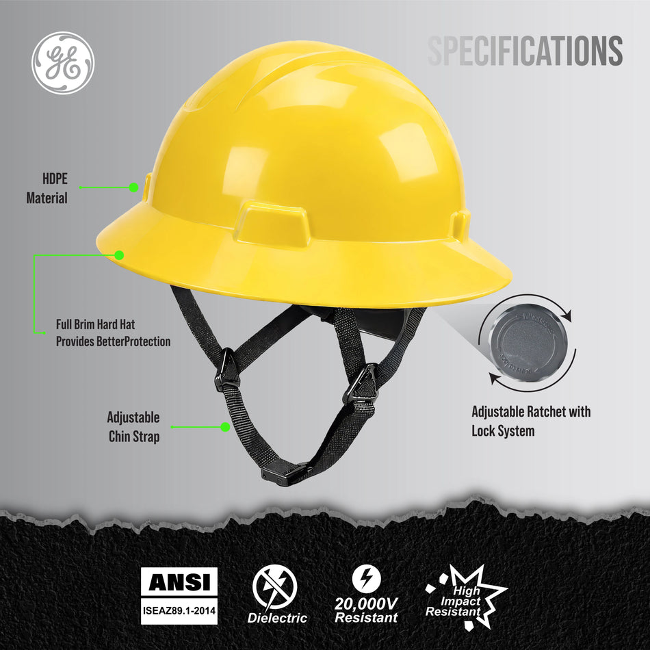 yellow | front view with specification callouts labeled | Full Brim Hard Hat — GE PPE GH329, ANSI Z89.1-2014 Type 1 Class E Dielectric | GH329Y