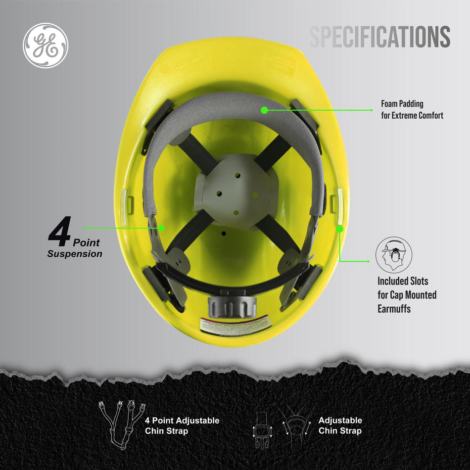 yellow | interior top-down view showing suspension system | Cap Style Hard Hat — GE PPE GH327, ANSI Z89.1-2014 Type 1 Class E Dielectric | GH327Y