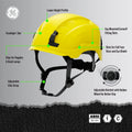 yellow, Non-Vented | side view with labeled features and specifications | Non-Vented Type 1 Safety Helmet with Koroyd — GE PPE GH401, ANSI Z89.1-2014 Class E | GH401Y